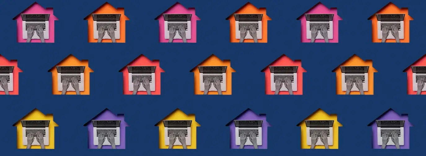 Image: hands on laptop keyboards within houses. Article: 6 Ways to Protest in a Pandemic